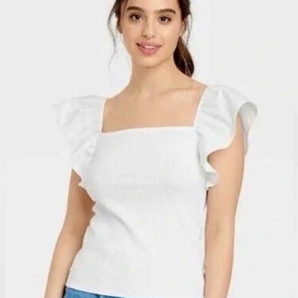 A New Day Women's Ribbed Crisp White  Flutter Sleeves Top XL